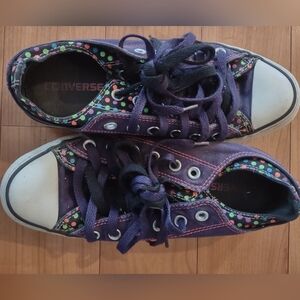 Converse All Star Purple Shoes with polka dot accents sz 8.5 Double Tongue & Dou
